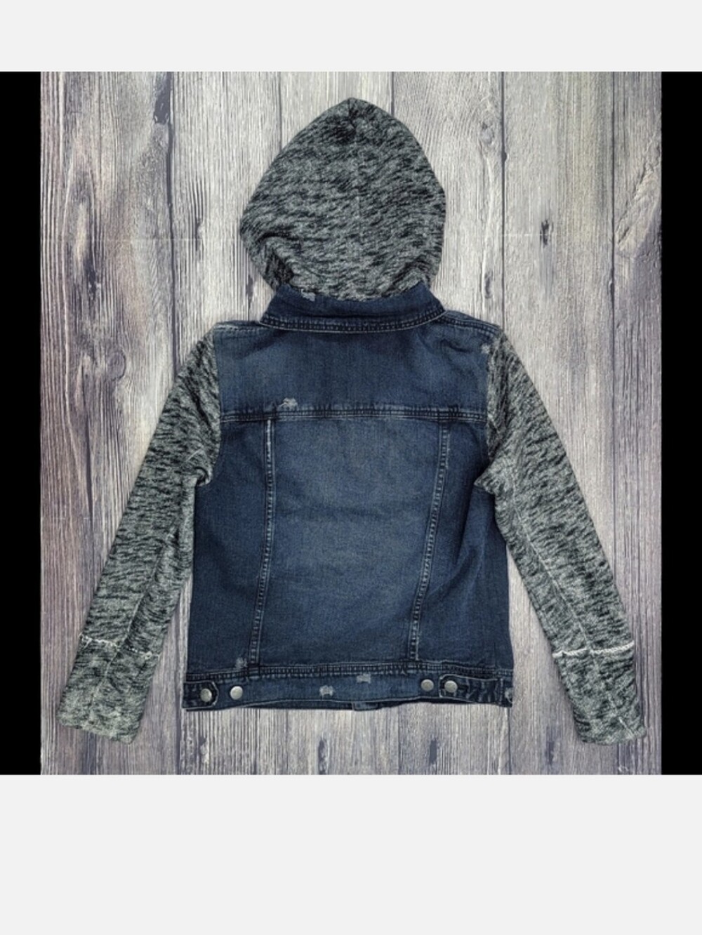 Free People Distressed Denim Jacket With Knit Sleeves and Hood - Picture 7 of 11